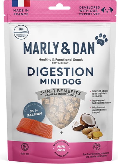 MARLY&DAN hondensnack mini dog healty &functional snack soft en chewy digestion geen smaak, kleur en kunstmatige bewaarmiddelen graan vrij 35% ZALM 50 GRAM