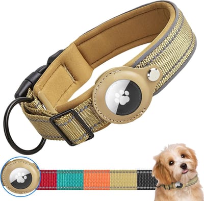 Hondenhalsband voor Apple AirTag, verstelbaar, reflecterend, waterdicht, AirTag-halsband, gewatteerd, tactische hondenhalsband met AirTag-houder voor kleine, middelgrote en grote honden (S,Kaki)
