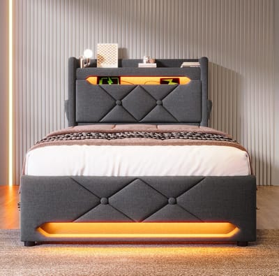 MEUNIQ gestoffeerd eenpersoonsbed 90x200 cm met hydraulische opbergruimte, hoofdbord met USB en Type-C, 360° LED-verlichting, bedframe voor slaapkamer, grijs
