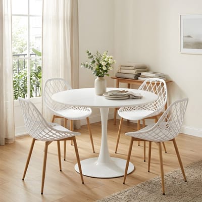 EGGREE eettafel en stoelen - 4 witte eetkamerstoelen - tafel Ø 100 cm - voor bar - café en restaurant