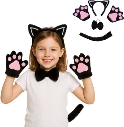 Joya Kids® Kat Zwart Verkleed Accessoires | Verkleedset Katten | Meisjes en Jongens en Volwassenen Verkleedpak Kitten | Carnaval en Halloween Outfit kinderen en volwassen | Haarband met Oren, Staart, Pootjes en Strik | Zwart