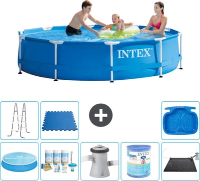 Intex Rond Frame Zwembad - 305 x 76 cm - Blauw - Inclusief Solarzeil - Onderhoudspakket - Zwembadfilterpomp - Filter - Solar Mat - Ladder - Voetenbad - Vloertegels - 9-delig