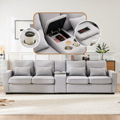 4-zits linnen bank met console en USB-poorten - voor woonkamer, kantoor of appartement - 4-5 personen - diverse kleuren - 2 drankhouders in console - 4 lendenkussens - opbergvakken in armleuningen