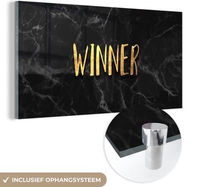 MuchoWow® Glasschilderij 40x20 cm - Schilderij acrylglas - Win - Goud - Marmer - Foto op glas - Schilderijen