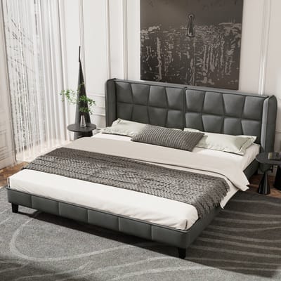 DESMIU Gestoffeerd Bed 180x200 cm – Fluwelen Tweepersoonsbed Met Lattenbodem – Hoog Hoofdbord – Voor Slaapkamer – Zonder Matras – Grijs