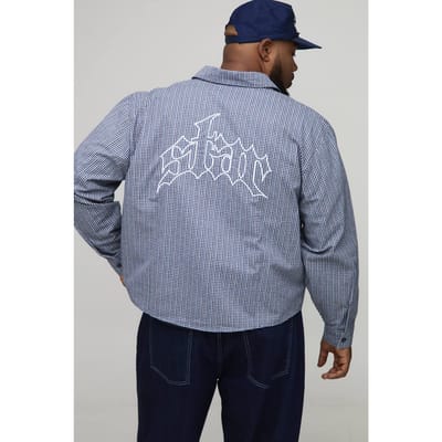Plus Oversized Boxy Geborduurd Micro-ruiten Overhemd | Navy | Size 2XL