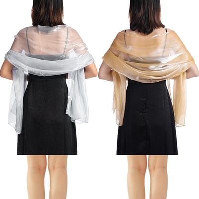 Dailygoods- Damsjaal 2 stuks - Zijden Sjaal - Polyester - Elegant - 200 x 68 cm - Champagne/Zilvergrijs - Lichtgewicht en zacht