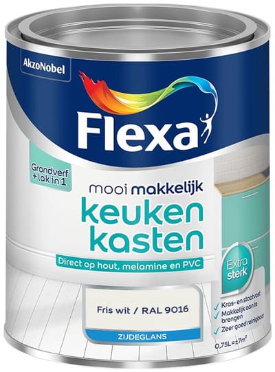 Flexa - Mooi Makkelijk Keukenkasten Zijdeglans - Fris Wit / Ral 9016 - Mengverf - 750 Ml