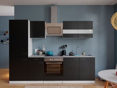 Goedkope keuken 270 cm - complete keuken met apparatuur Malia - Wit/Zwart - soft close - keramische kookplaat - afzuigkap - oven - spoelbak
