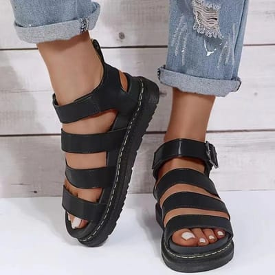 Spot Grand Été Nouveau Semelle Épaisse Sandales Romaines Décontractées Une Ligne Femmes Transfrontalières Bout Rond Chaussures à Boucle 40 noir