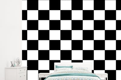 Behang - Fotobehang Schaakbord - Patronen - Zwart Wit - Breedte 245 cm x hoogte 220 cm
