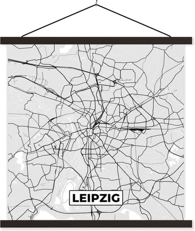 Posterhanger incl. Poster 60x60 cm - Schoolplaat - Duitsland - Plattegrond - Kaart - Leipzig- Stadskaart - Textielposter - Zwarte latten - Stadskaart