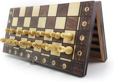 Houten schaakspel - Dammen Backgammon - Hersentraining - 3-in-1 spel - 24 x 24 cm - Bruin