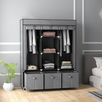 HAUSS SPOLE Kledingkast - Opvouwbare Stoffen Kast Met 2 Hangroedes En 3 Lades - Voor Slaapkamer Of Berging - Staal - 125x43x162,5 cm - Donkergrijs