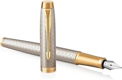 Parker IM vulpen | Premium Warm Zilver | Fijne penpunt met blauwe inkt navulling | Geschenkdoos