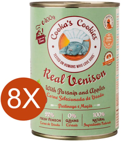 Cooka's Cookies Real Venison (hertenpaté met pastinaak en appel) Hondenvoer - Natvoer - geen toevoegingen, geen conserveermiddelen, alleen eerlijke ingrediënten - meer dan 92% vers bereid hertenvlees 8x400gr