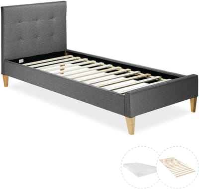 Homestyle4u Eenpersoonsbed - 90x200 cm - Gestoffeerd bed - met matras - Grijs
