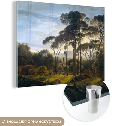 MuchoWow® Glasschilderij 120x90 cm - Schilderij acrylglas - Italiaans landschap met parasoldennen - Kunst - Oude meesters - Foto op glas - Schilderijen
