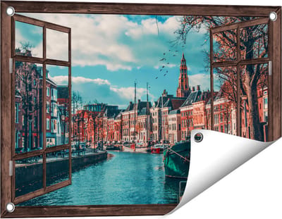 Gards Tuinposter Doorkijk Gracht in Groningen - 60x40 cm - Tuindoek - Tuindecoratie - Wanddecoratie buiten - Tuinschilderij