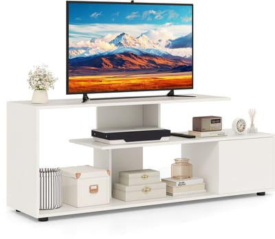 COSTWAY TV-kast, televisietafel voor tv's tot 55 inch, asymmetrische tv-meubel met legplanken en kast, lowboard, tv-rek voor woonkamer (wit)