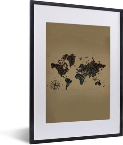 Poster in lijst - Fotolijst 30x40 cm - Posters - Wereldkaart - Zwart - Windroos - Posterlijst zwart - Decoratie - Wanddecoratie woonkamer - Muurdecoratie slaapkamer