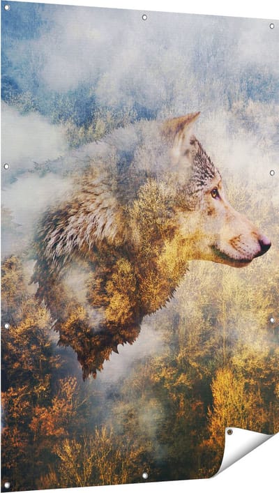 Gards Tuinposter Wolvenkop op een Herfstbos - Wolf - Abstract - 100x150 cm - Tuindoek - Tuindecoratie - Wanddecoratie buiten - Tuinschilderij