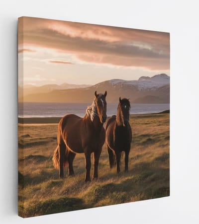 Saammp Canvas Schilderij - Paarden in de wei - Dieren - Natuur - 20x20 - Foto op canvas - Wanddecoratie - muurdecoratie Woonkamer - Slaapkamer decoratie - Canvas Print