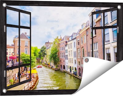 Gards Tuinposter Doorkijk Huizen aan de Oudegracht in Utrecht - 60x40 cm - Tuindoek - Tuindecoratie - Wanddecoratie buiten - Tuinschilderij