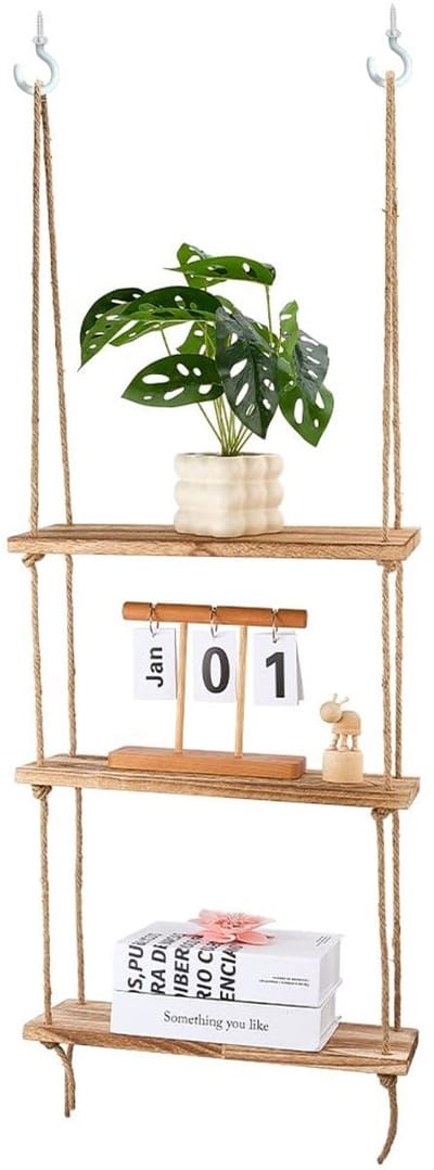 NTH products- Hangende Planken 3-laags - Wandplanken Hout - Macrame Plant Hanger - Decoratief voor Woonkamer/Slaapkamer - Afmetingen 150x500x865 mm
