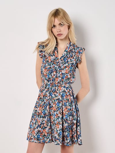 Mini-jurk met kleine bloemenprint en ruches