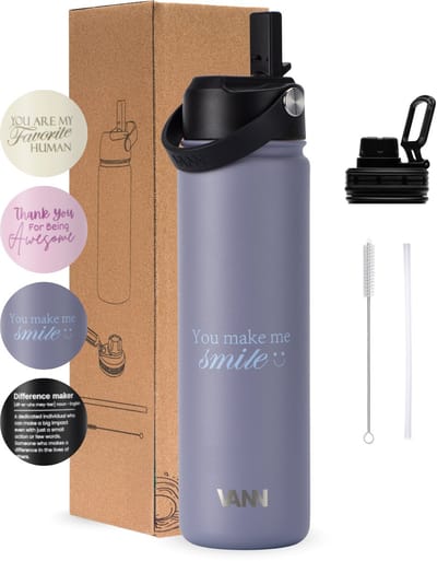 VANN® 3-Wandige RVS Drinkfles 650 ML met rietje voor volwassenen – Met 4 accessoires – Thermosfles – 24 uur koud/12 uur warm – Lavender Grey – Valentijnscadeau voor man en vrouw – VANN GIFT BOTTLE®