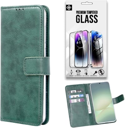 Casemania Hoesje + Glas Geschikt voor Samsung Galaxy A17 5G - Groen - Portemonnee Bookcase met Pasjeshouder en Standaardfunctie - Telefoonhoesje en Gehard Tempered Glazen Screenprotector