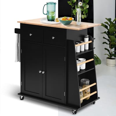 Keukeneiland - Verplaatsbaar - Keukenkast - Dressoir - Organizer - Kasten - Houten Werkblad - Lade - Zwart