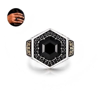 Helin life heren Ring met Zwarte Onyx – Geometrisch Design – Vintage Accessoire -One-size-Geschenkdoos en wenskaart-Zilver