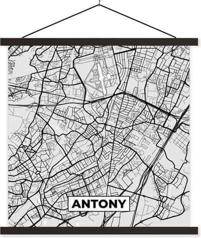 Posterhanger incl. Poster 60x60 cm - Schoolplaat - Antony - Plattegrond - Frankrijk - Kaart - Stadskaart - Textielposter - Zwarte latten - Stadskaart
