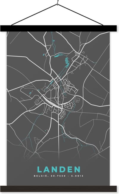 Posterhanger incl. Poster 40x60 cm - Schoolplaat - Stadskaart – Grijs - Kaart – Landen – België – Plattegrond - Textielposter - Zwarte latten - Stadskaart