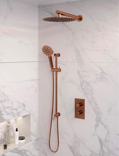 Brauer Copper Edition thermostatische inbouw regendouche 3-weg omstelling SET 44 met 30 cm douchekop en rechte muurarm en 3-standen handdouche en doucheslang en geïntegreerde glijstang koper geborsteld PVD
