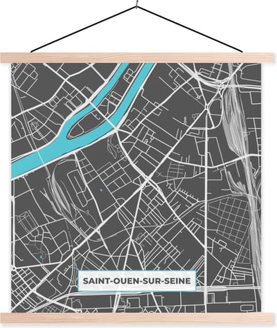Posterhanger incl. Poster 40x40 cm - Schoolplaat - Frankrijk - Plattegrond - Kaart - Stadskaart - Saint-Ouen-sur-Seine - Textielposter - Blanke latten - Stadskaart
