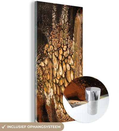 MuchoWow® Glasschilderij 20x40 cm - Schilderij acrylglas - Verf - Bruin - Pouring Paint - Foto op glas - Schilderijen
