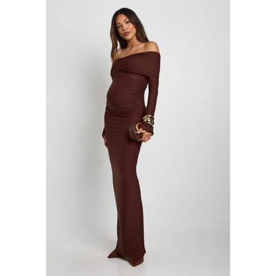 boohoo Dames Zwangerschaps Bardot geruched uitlopende mouw maxi-jurk | Chocoladebruin | Maat: 36
