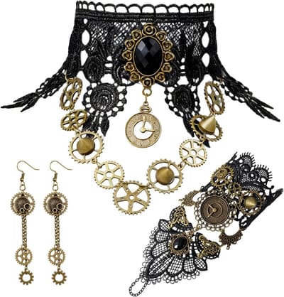 Steampunk Kostuum voor Vrouwen met Accessoires, Gothic Sieraden Set met Ketting, Armbanden en Oorbellen voor Carnaval en Feestjes