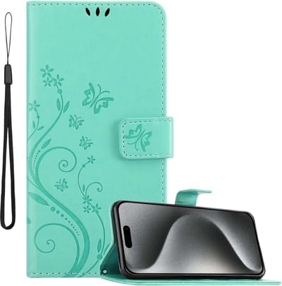 Cadorabo Hoesje geschikt voor Apple iPhone 15 PRO in BLOEMEN TURKOOIS - Beschermhoes in bloemmotief met magnetische sluiting, standfunctie en kaartsleuven Book Case Cover Etui