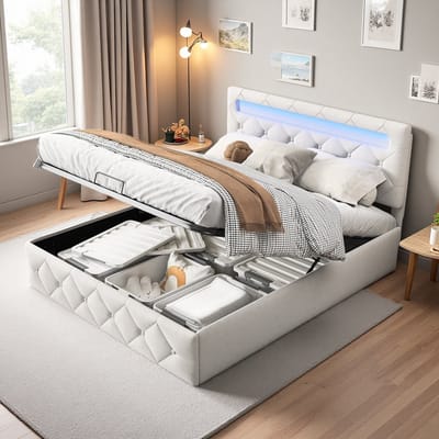 Tweepersoonsbed 140x200 cm – Gasveer Opbergbed, USB-oplaadpunt, LED-verlichting, Gestoffeerd in Beige Fluweel, Comfortabel & Modern