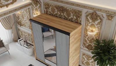 Kledingkast met Spiegel – Casa Velluto Aurelio Luxe Schuifdeurkast 200 cm – Grote Garderobekast met Schuifdeuren – Moderne Kledingkast Slaapkamer – Eiken Ambacht Golden & Wit – 200x205x59 cm