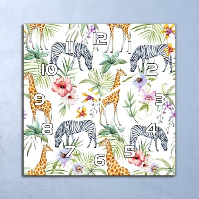 Coloray Wandklok - Tropische dieren Glazen Wandklok - 30x30 cm - Wit Wandklok - Wandklok Vierkant - Wandklok Scandinavisch - Wandklokken Woonkamer - Stille Wandklok