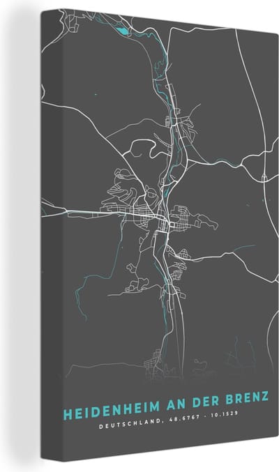 Canvas Schilderij Plattegrond – Heidenheim an der Brenz – Blauw – Stadskaart – Kaart - Duitsland - 20x30 cm - Wanddecoratie
