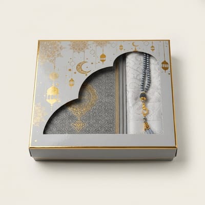 FIRASET Luxe Koran Set – Islamitisch Cadeau, QR Audio & Meertalige Vertaling (EN/FR/DE/TR/ES), Gebedskleed, Tasbih & Geschenkdoos – Zilver
