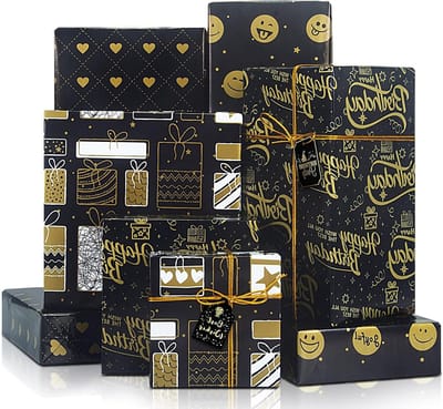 Verjaardagscadeau Inpakpapier Set, 4 Vellen met Labels en Verpakkingskoord, Zwart Goud Ontwerp voor Feestjes, Babyshowers en Afstudeerpartijen (70 x 50 cm)