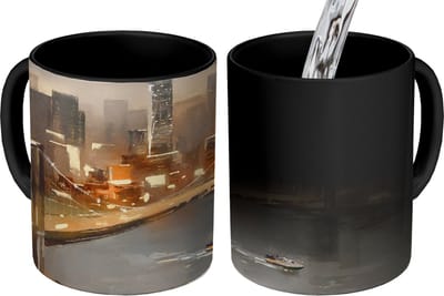 Magische Mok - Foto op Warmte Mokken - Koffiemok - Schilderij - Olieverf - Skyline - Stad - Water - Magic Mok - Beker - 350 ML - Theemok
