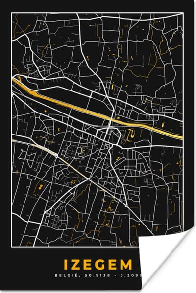 Poster Plattegrond - Stadskaart - Izegem - Goud - Kaart - 120x180 cm XXL